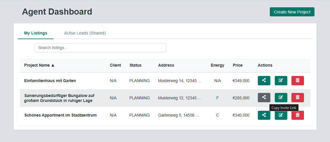 The agent dashboard listing table with the share button highlighted and the Copy Invite Link tooltip