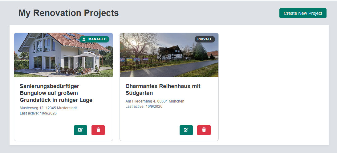 A buyer's project list with one project marked Managed, the shared property, and one marked Private
