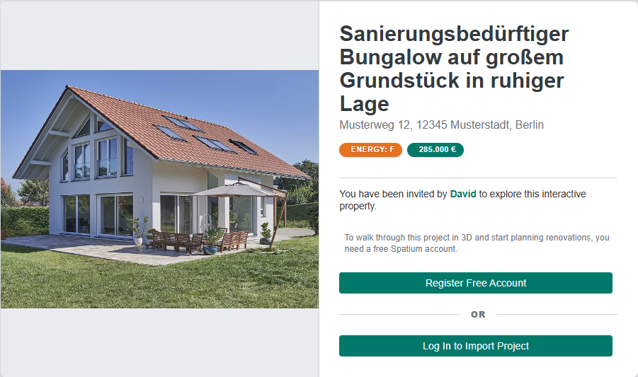 The invitation page a buyer sees: property photo, address, price and energy class, and the options to register or log in