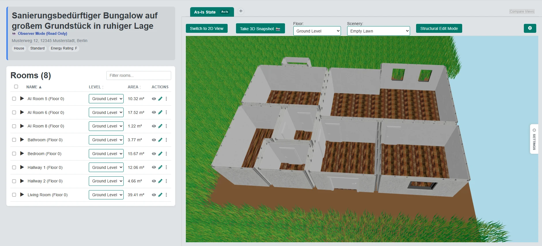 A buyer's project opened in observer mode: a read-only banner under the title, the room list without editing buttons, and the 3D model