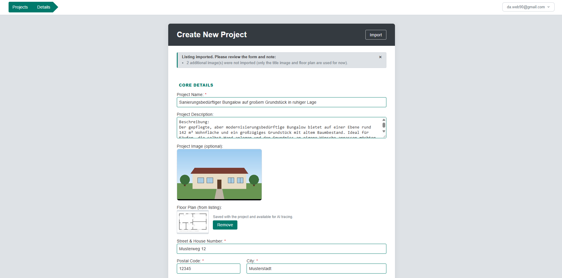 The Spatium project form, filled in automatically from an imported listing