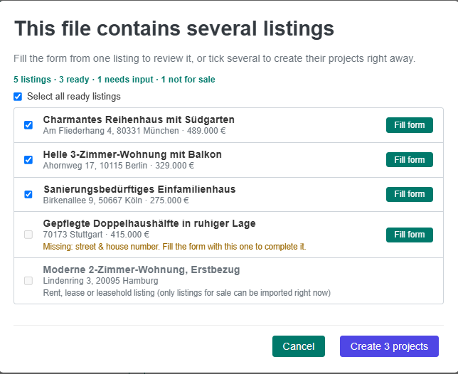 The listing picker for an export that contains several listings