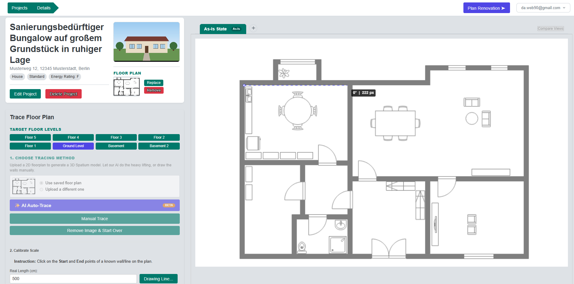 The tracer with a floor plan loaded and the scale line drawn between the ends of a wall of known length