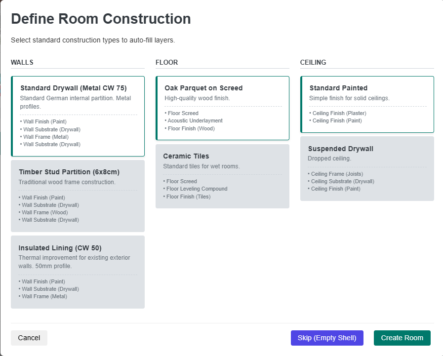 The Define Room Construction dialog with wall, floor and ceiling options and the layers each one is made of