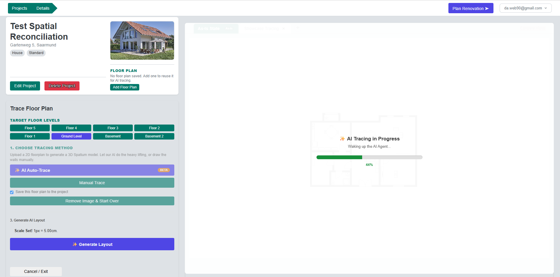 AI Auto-Trace in progress: a progress bar over the floor plan while the rooms are generated